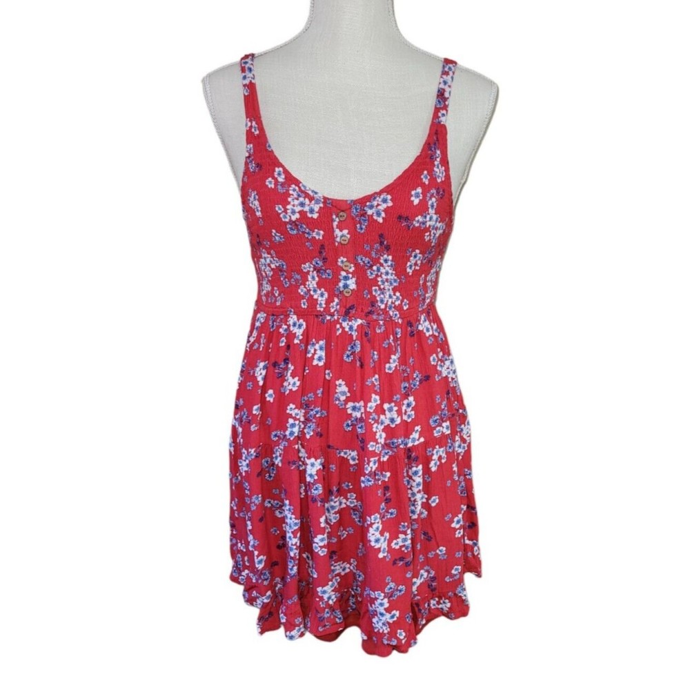 Japna Red Floral Smock Mini Dress XS Ruched Top Strappy Sleeveless Scoop Neck